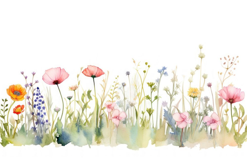 Watercolor of a meadow spring Floral border outdoors flower nature. AI generated Image by rawpixel.