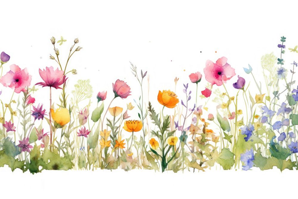 Watercolor of a meadow spring Floral border painting outdoors flower. AI generated Image by rawpixel.
