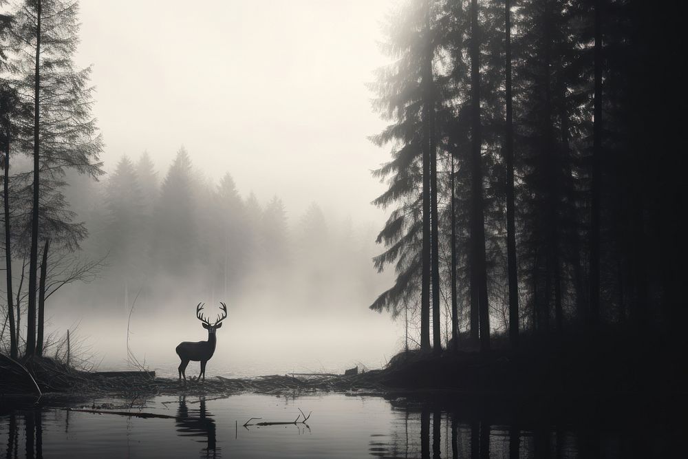  Forest lake Deer landscape wildlife. AI generated Image by rawpixel.