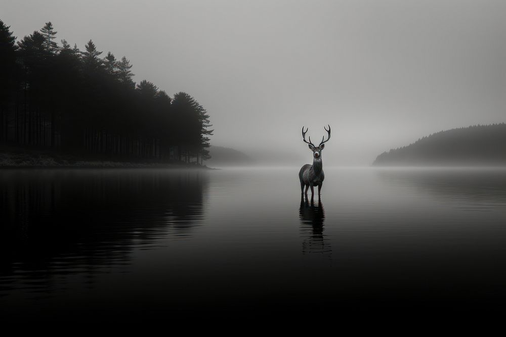  Forest lake Deer silhouette landscape. AI generated Image by rawpixel.