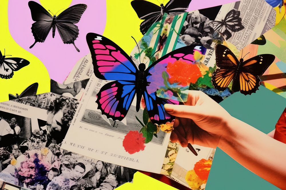 Butterfly collage art advertisement.