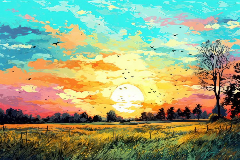 Meadow and sky landscape outdoors painting. 