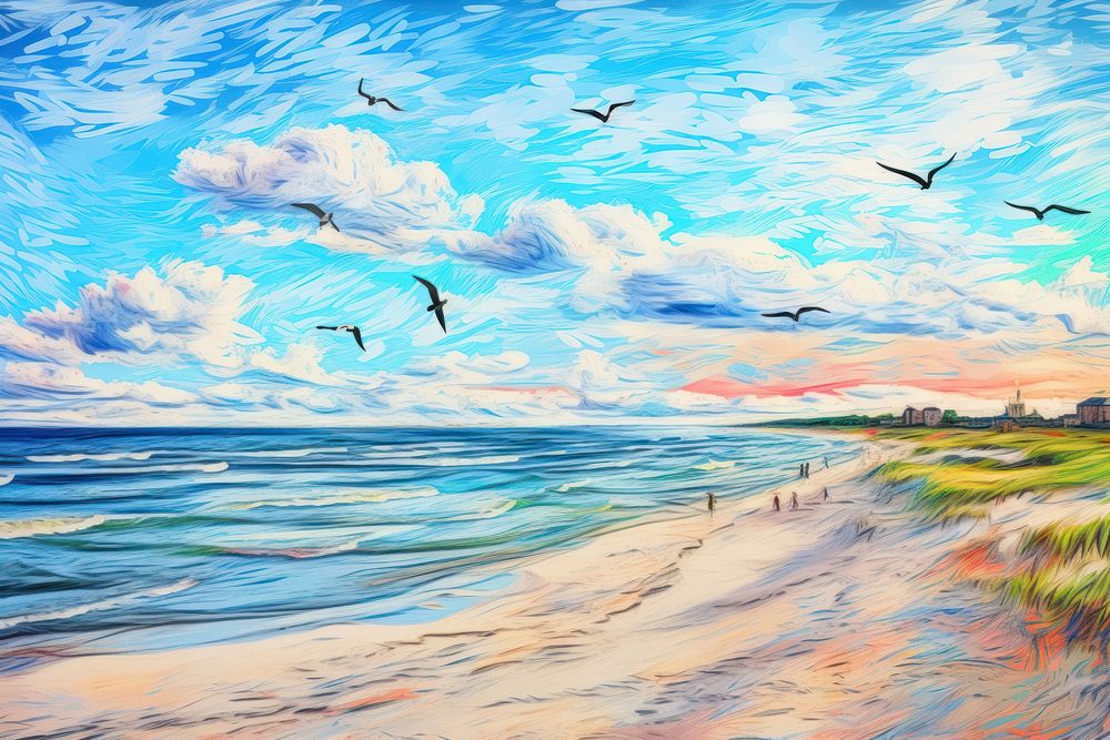  Beach and sky landscape outdoors painting. 