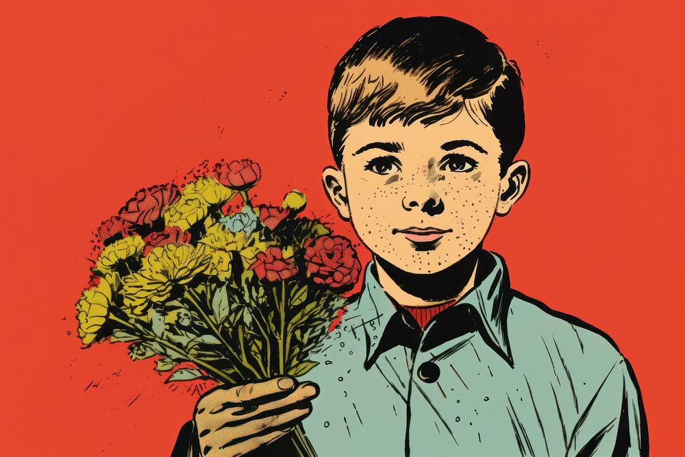 Boy holding a flower drawing sketch adult.