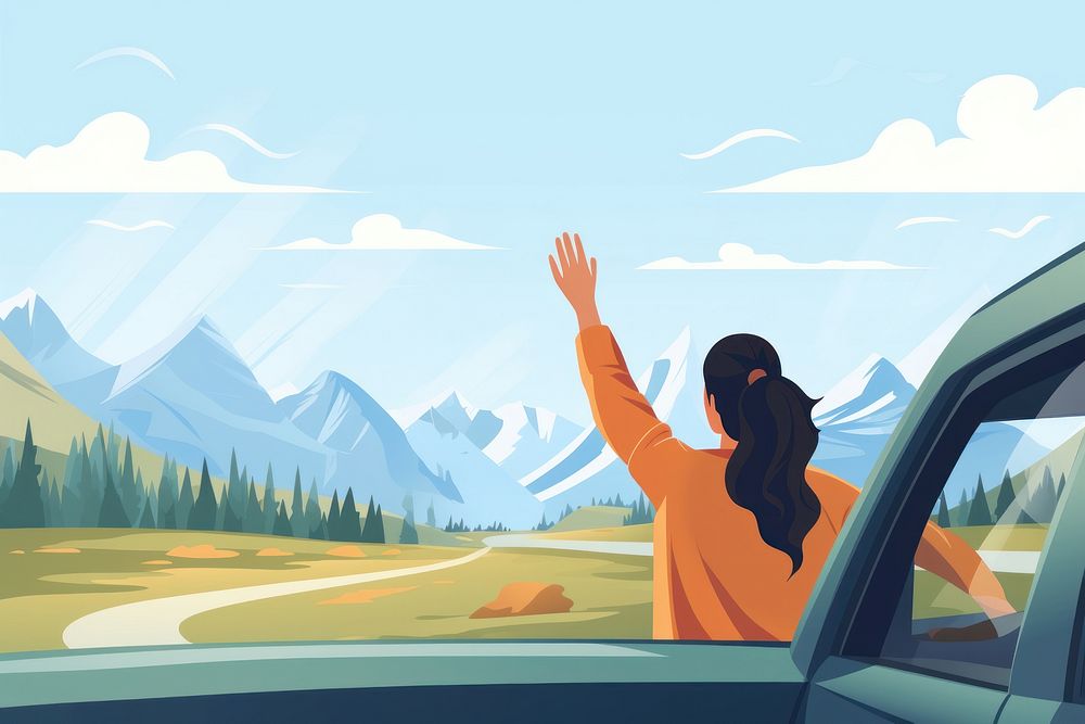 Woman waving hand car transportation mountain.