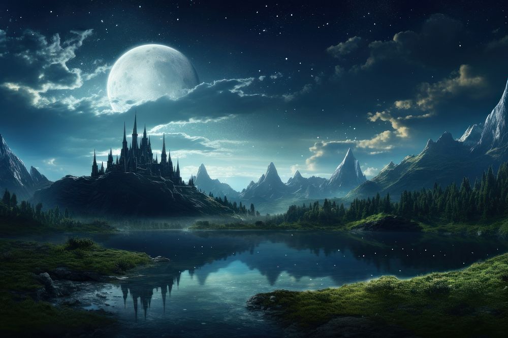  Harry potter castle moon landscape astronomy. AI generated Image by rawpixel.