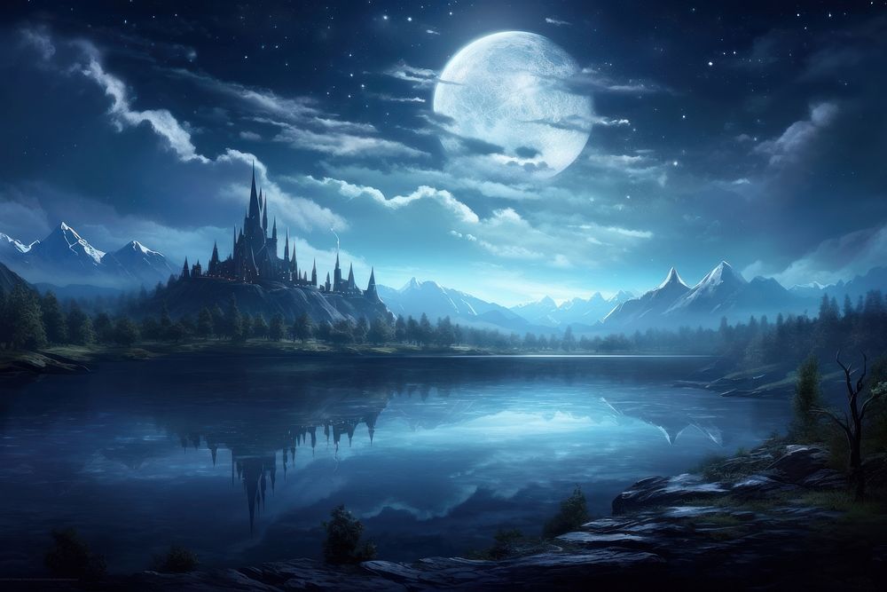  Harry potter castle moon landscape astronomy. AI generated Image by rawpixel.
