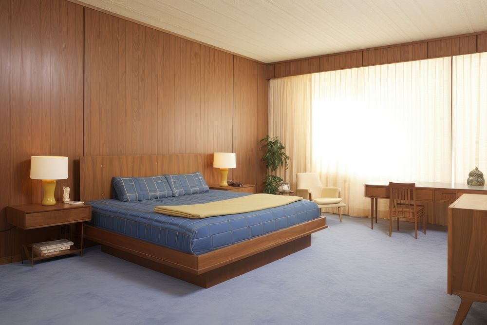 1973s mid-century bedroom interior decoration furniture chair architecture.