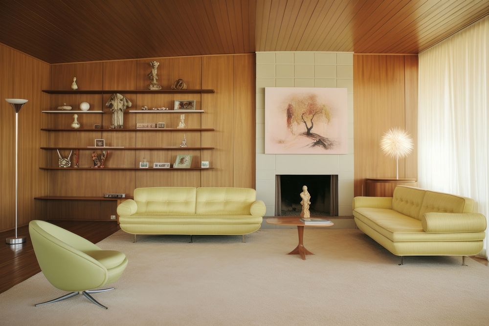 1973s mid-century living room interior decoration architecture furniture fireplace.
