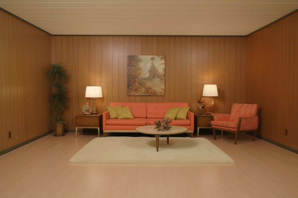 1973s mid-century living room interior decoration architecture furniture flooring.
