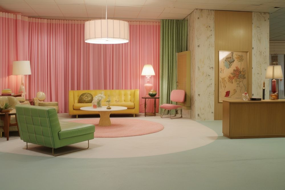 1973s mid-century living room interior decoration architecture furniture building.