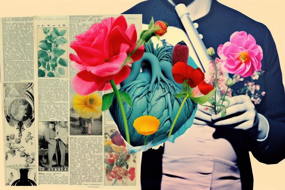 Heart with flower collage publication graphics.