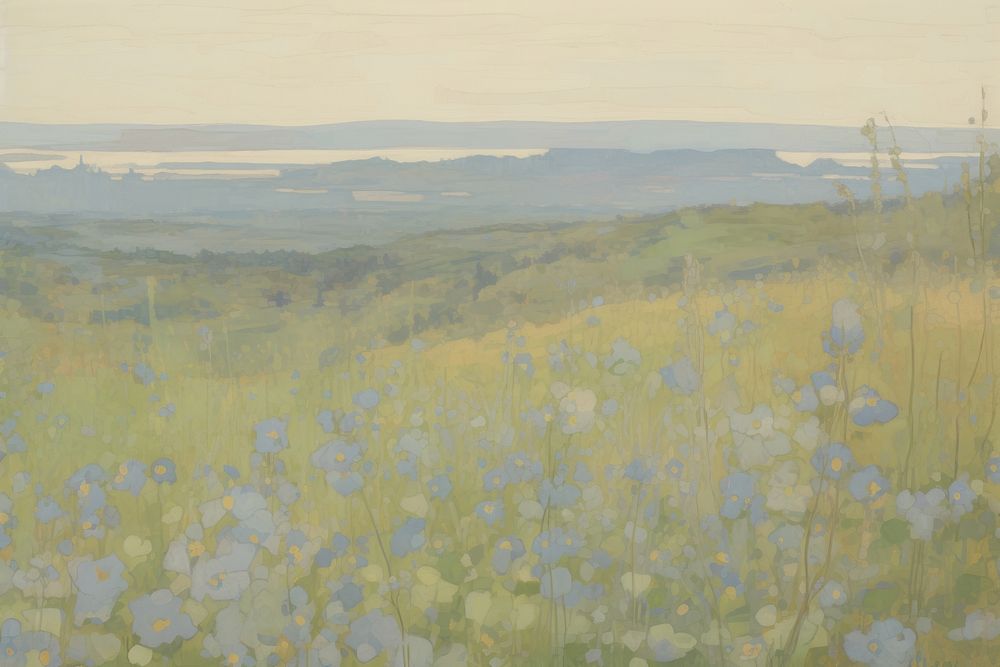 Blue flower field painting grassland outdoors. AI generated Image by rawpixel.