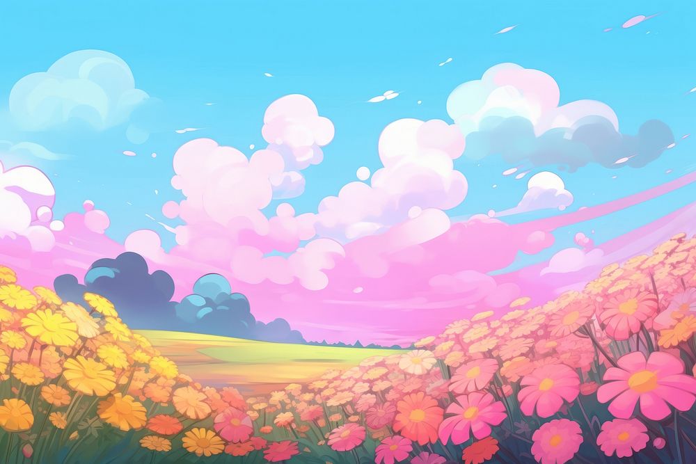 Colourfull flower field with rainbow backgrounds landscape outdoors.