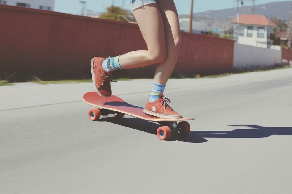 Long boarding leg woman skateboard footwear vehicle.