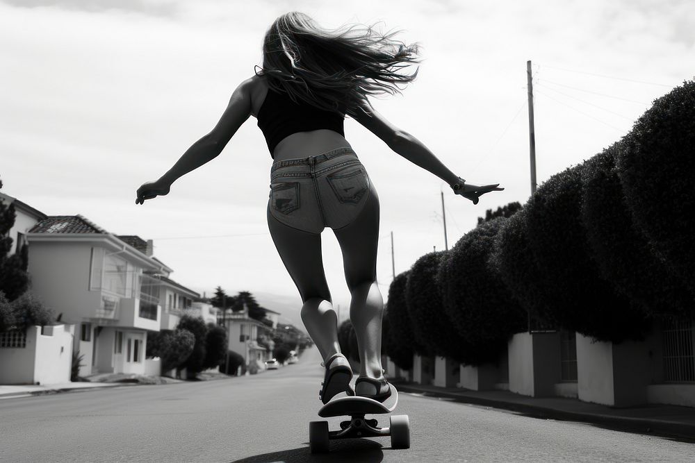 Long boarding leg woman skateboard footwear vehicle.