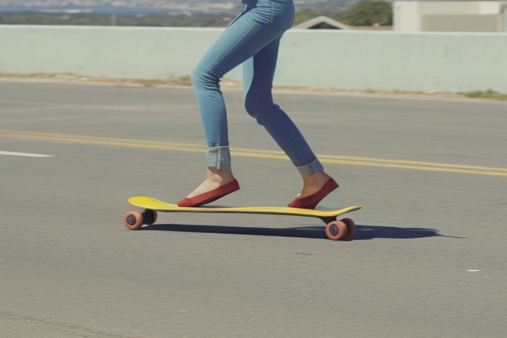 Long boarding leg woman skateboard footwear shoe.