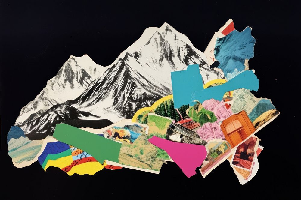Mountain and sky collage art advertisement.