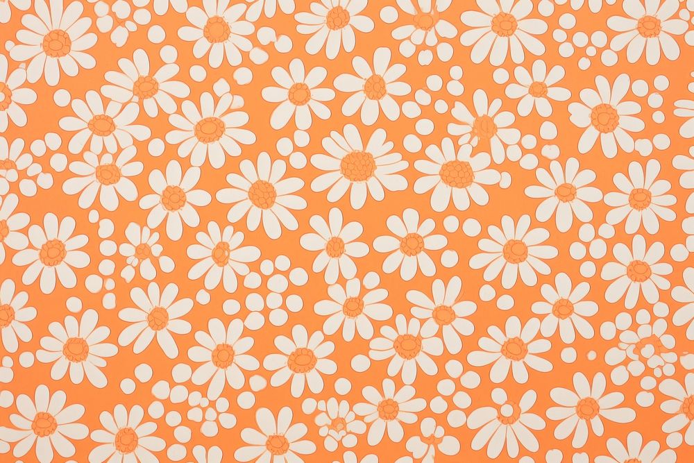 1970s vintage wallpaper white daisies on orange pattern backgrounds repetition.