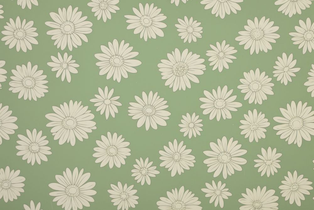 1970s vintage wallpaper white daisies on green pattern flower plant.