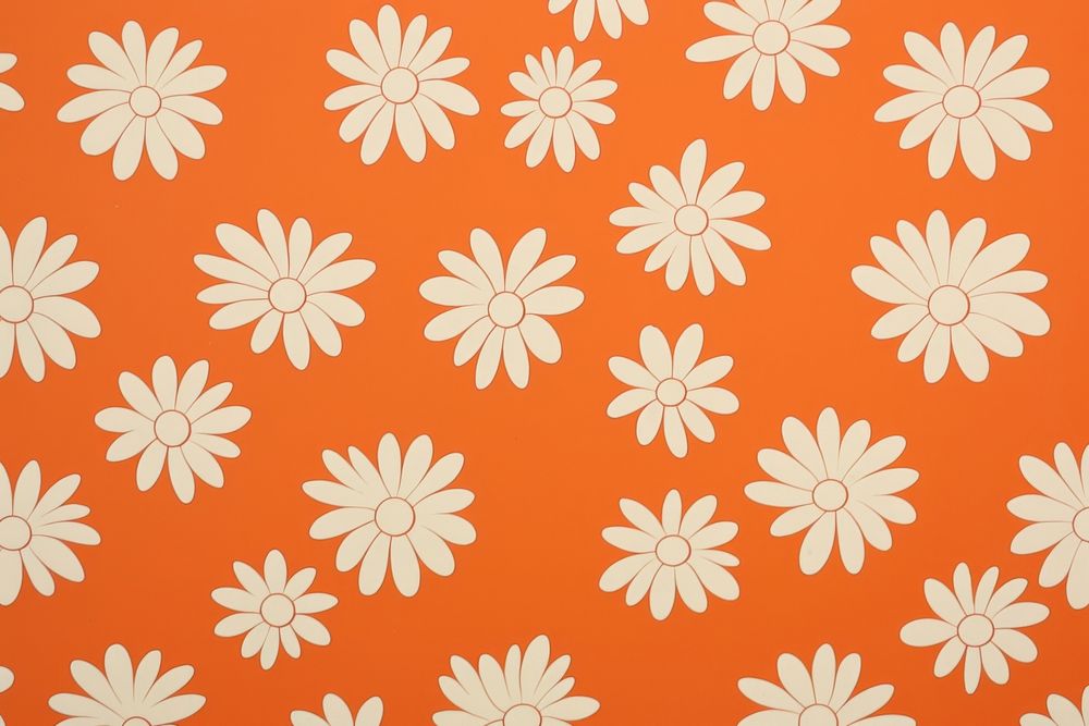 1970s vintage wallpaper white daisies on orange pattern flower plant.