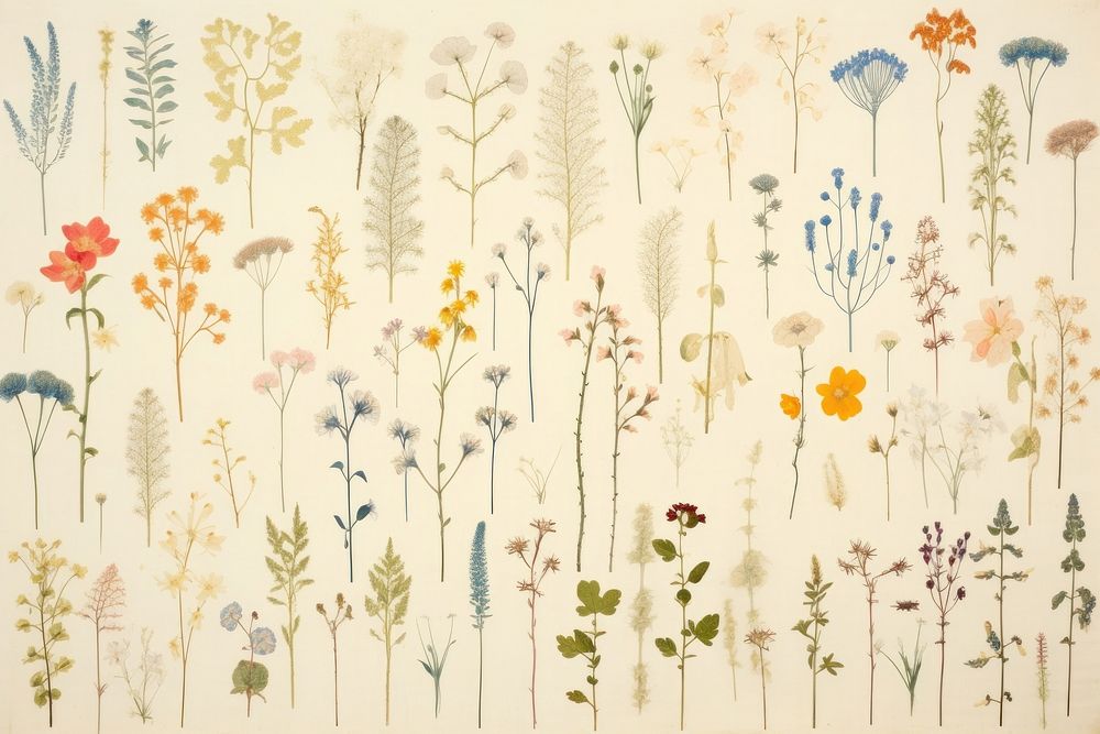 Vintage real pressed flowers backgrounds pattern plant drawing sketch grass.