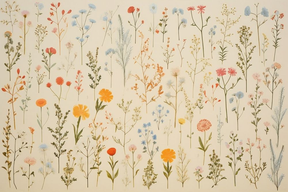 Vintage real pressed flowers backgrounds pattern plant painting art architecture.