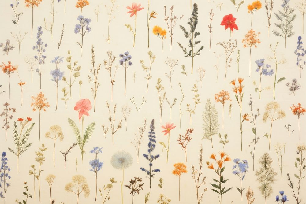 Vintage real pressed flowers backgrounds pattern plant art wildflower creativity.