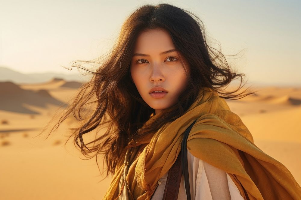 Young east asian woman desert portrait outdoors.