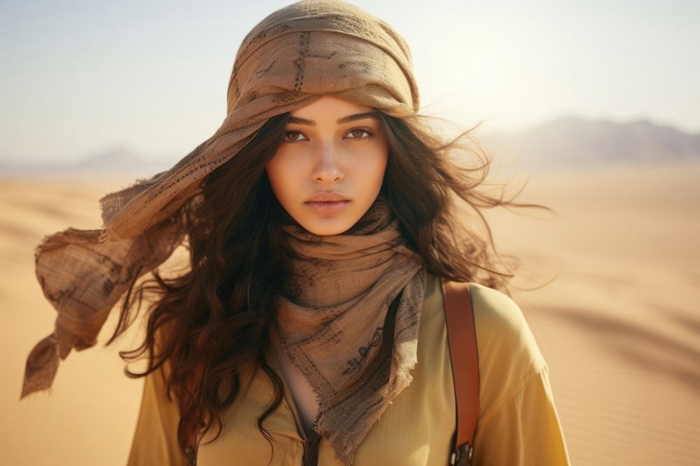 Young east asian woman desert portrait outdoors.