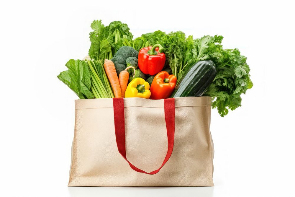 Bag full of groceries bag food white background.