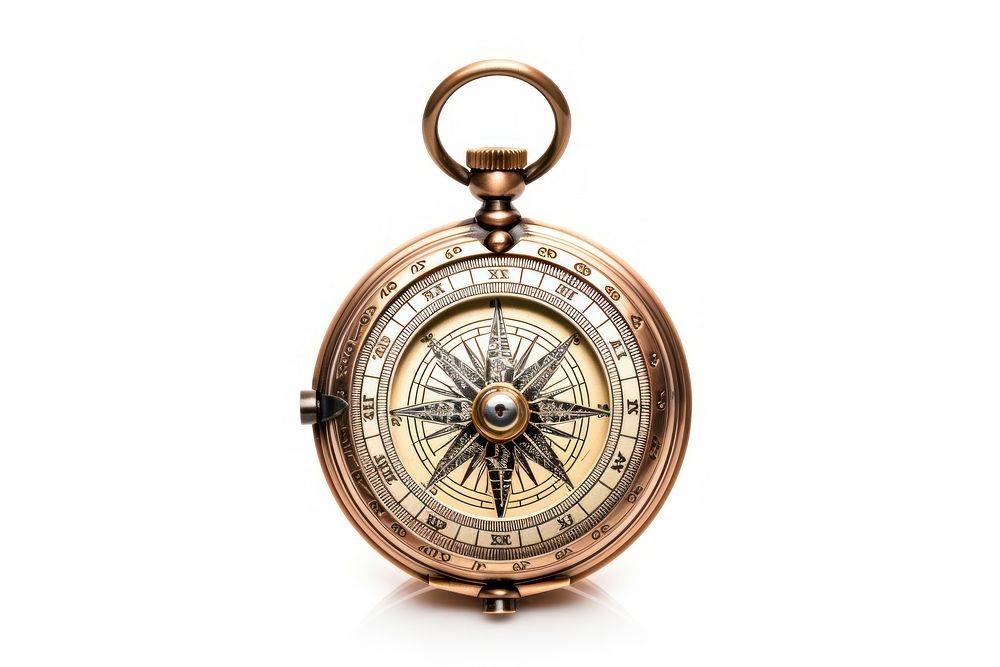 Brass antique compass jewelry locket white background.