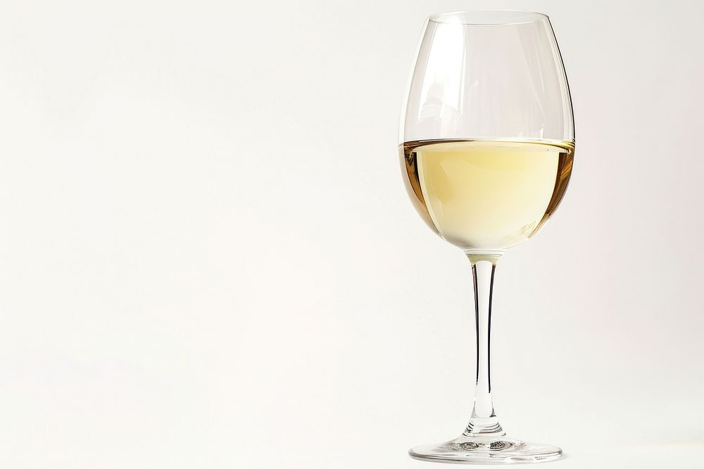 Elegant white wine glass bottle drink white background.