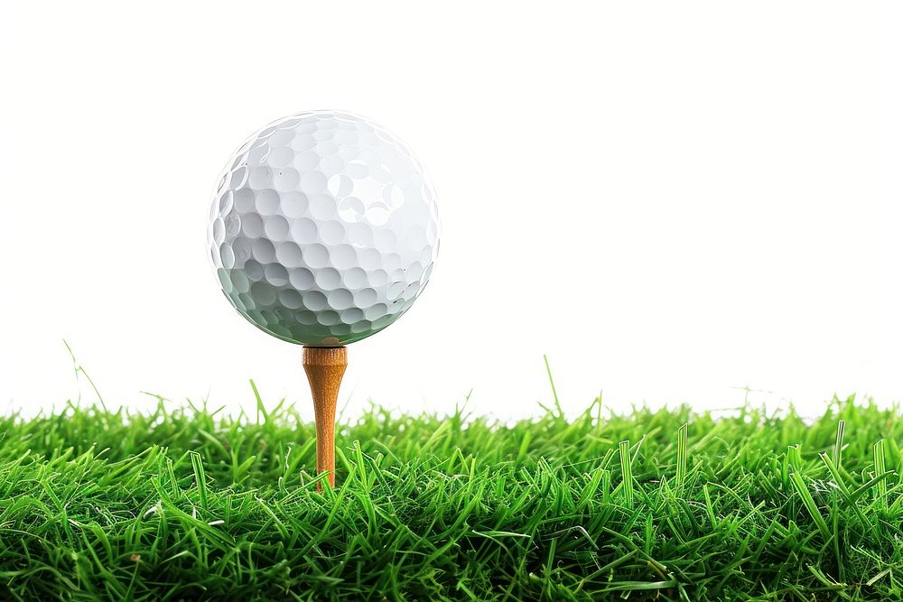 Golf ball with a golf tee on a grass sports white background recreation.