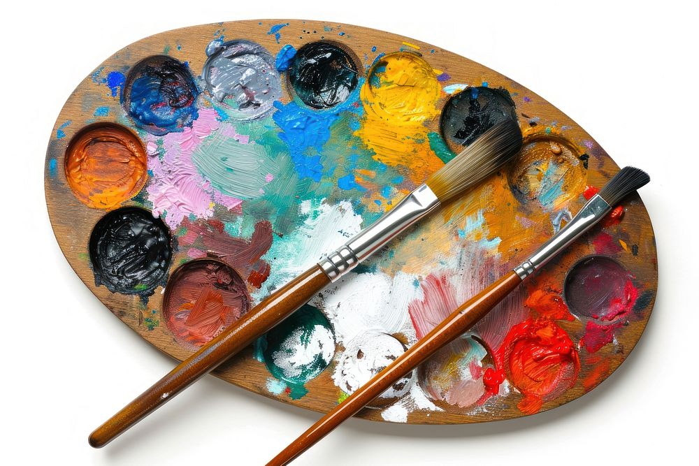 Wooden art palette with blobs of paint and a brushes white background paintbrush creativity.