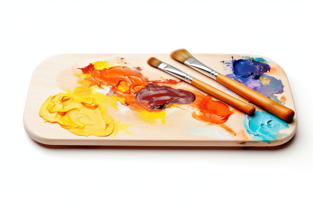 Wooden art palette with blobs of paint and a brushes white background paintbrush creativity.