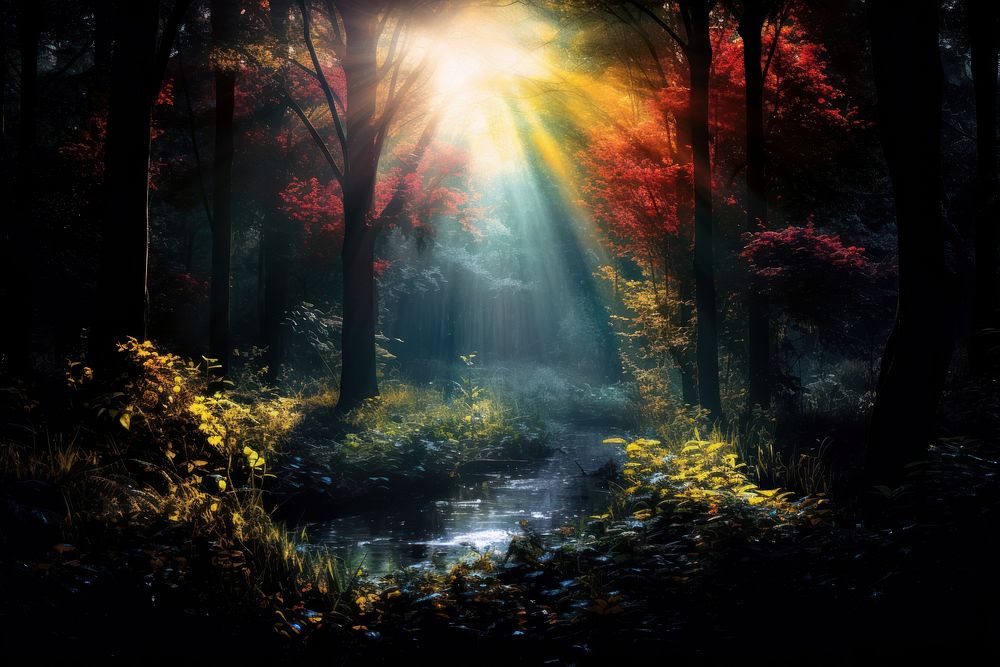  Colorful forest landscape sunlight outdoors. AI generated Image by rawpixel.