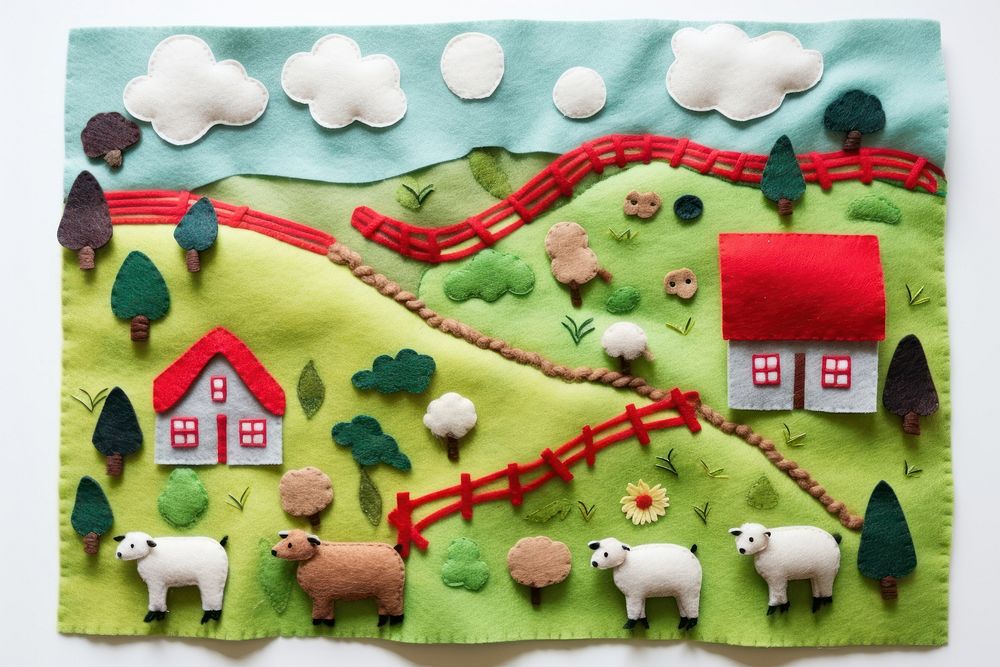 Photo of farm scene embroidery livestock textile.