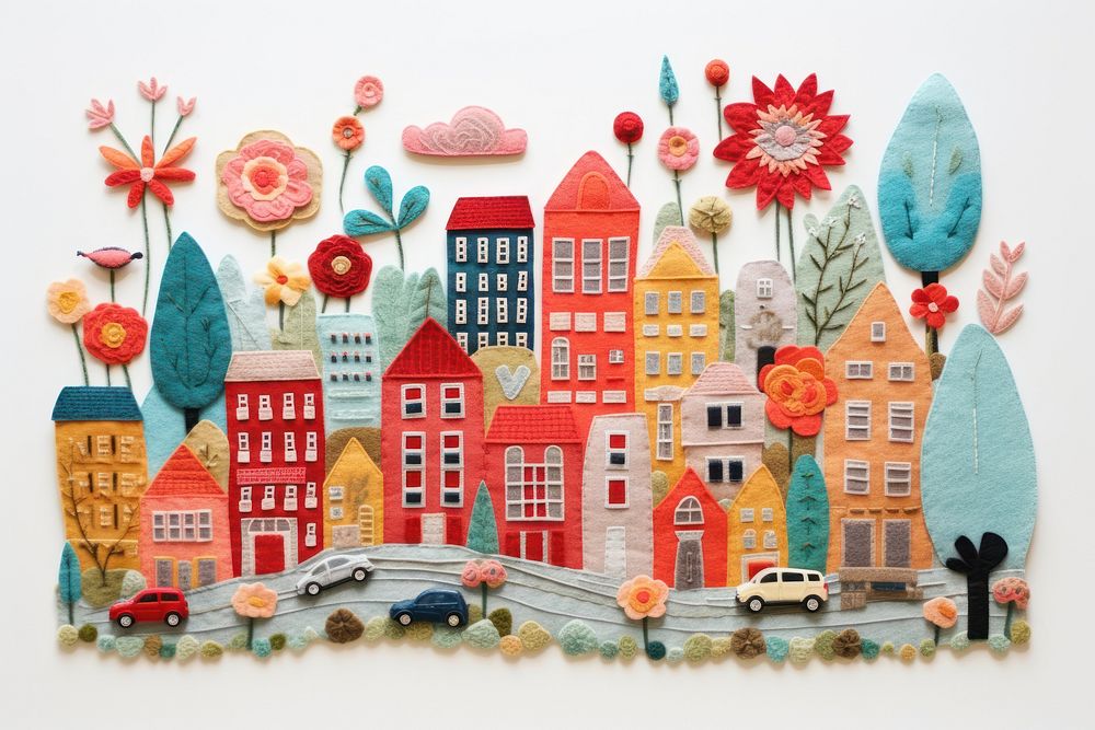 Photo of felt city art embroidery painting.