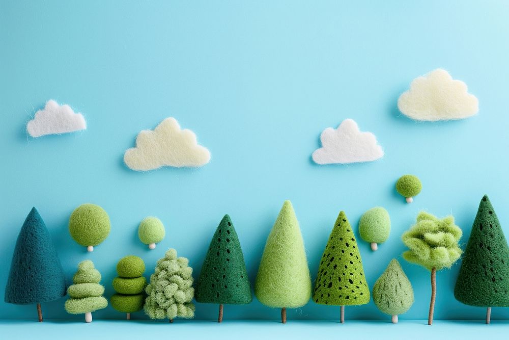 Photo of felt green trees under blue sky plant confectionery tranquility.