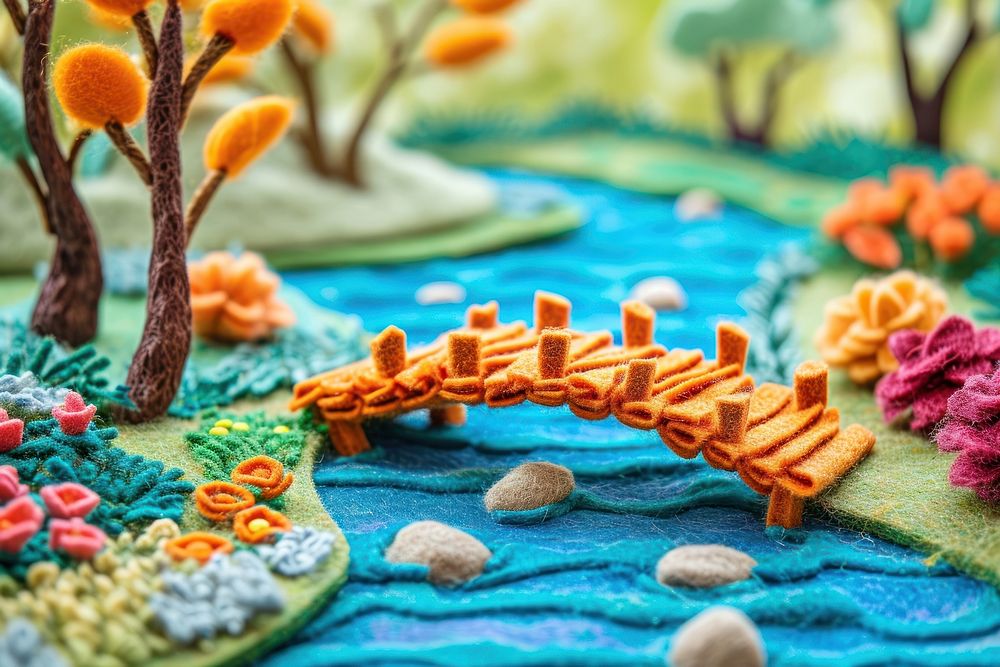 Photo of felt river with bridge art embroidery craft.