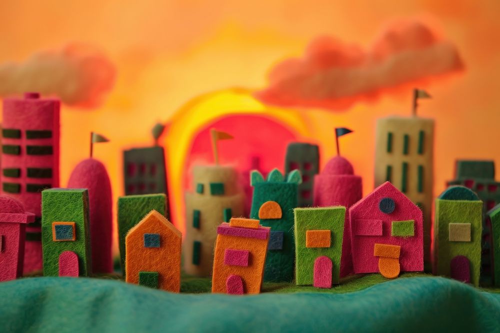 Photo of felt sunset in a city art craft representation.
