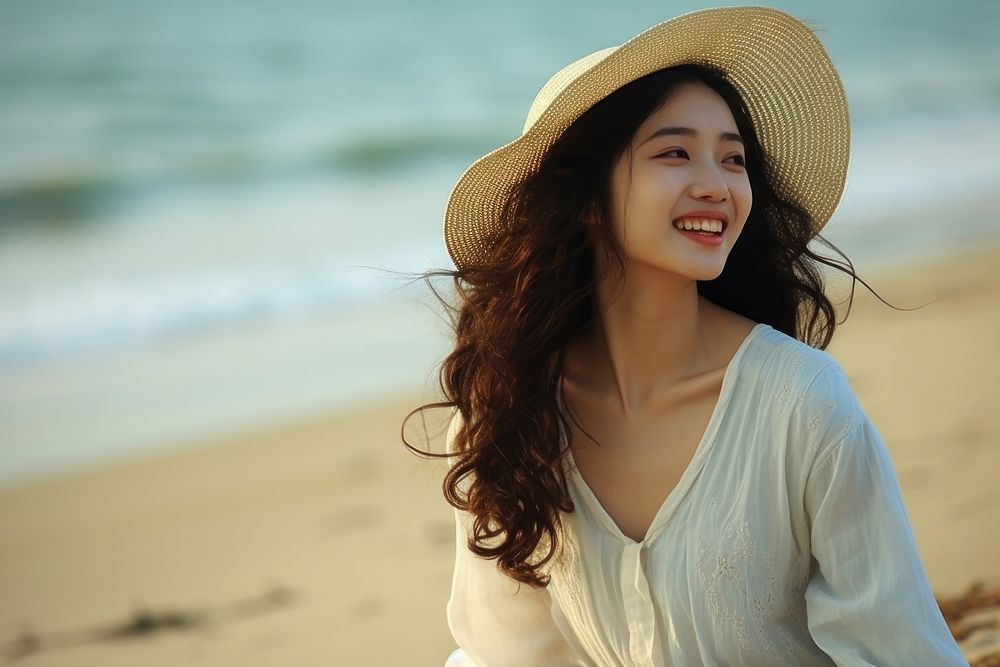 Korean people woman portrait smile beach.