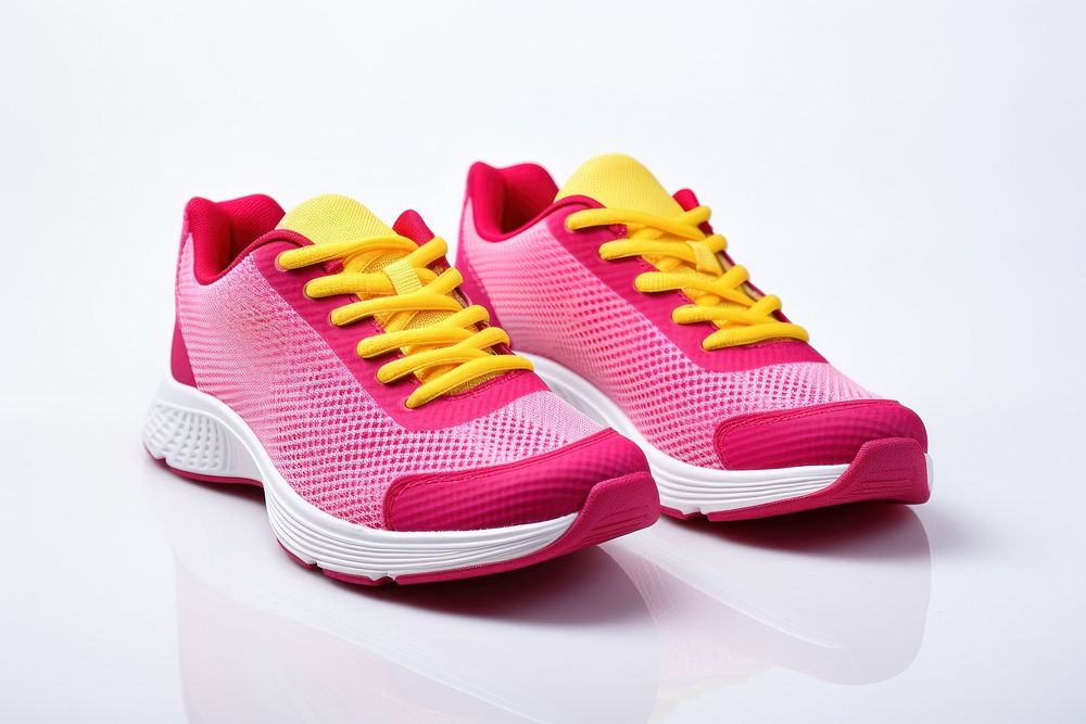 Pink sports shoes footwear yellow running shoe.