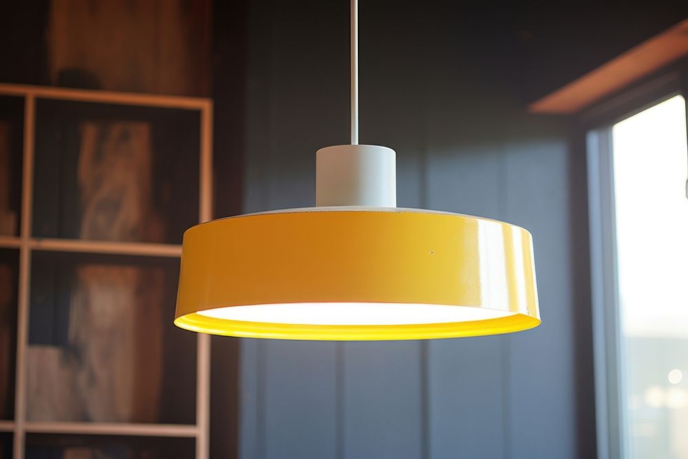 Retro mustard yellow color pendant lamp chandelier lampshade illuminated.