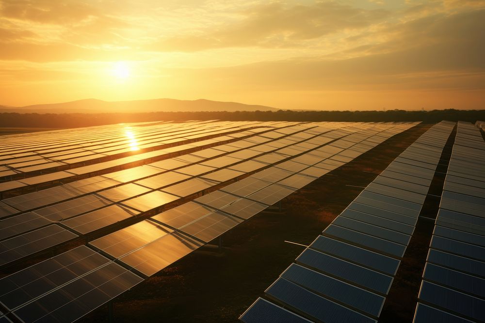Solar panel farm outdoors sunset architecture.