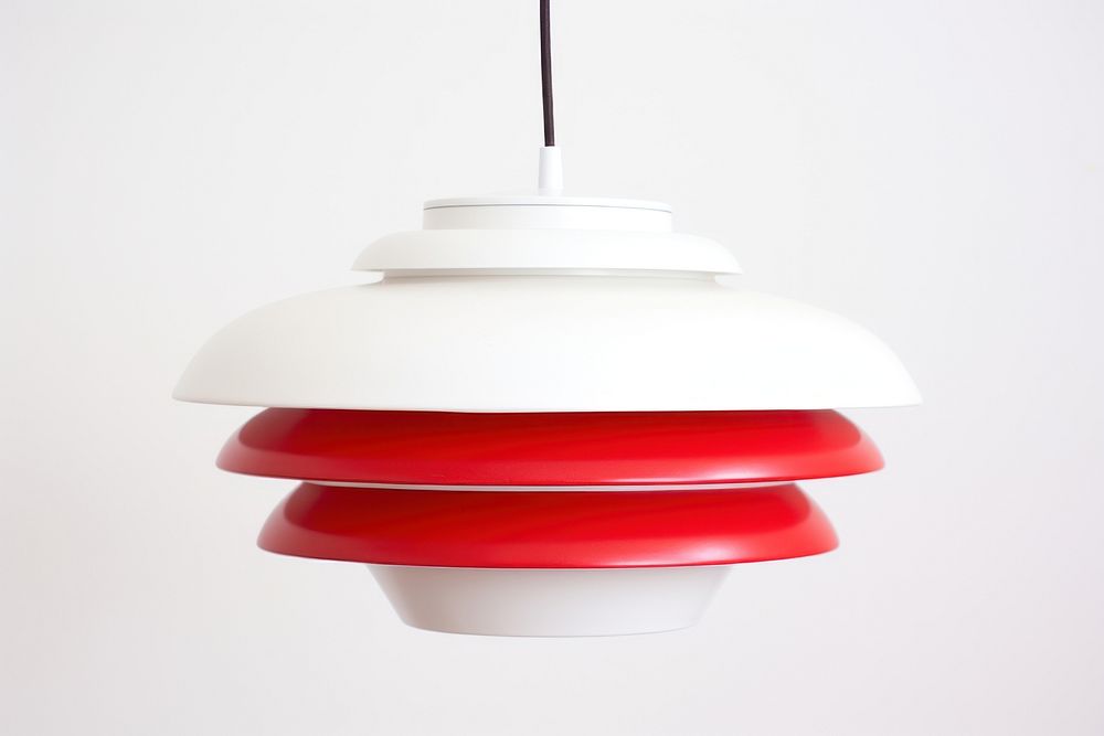 Space age red pendant lamp chandelier lampshade appliance.