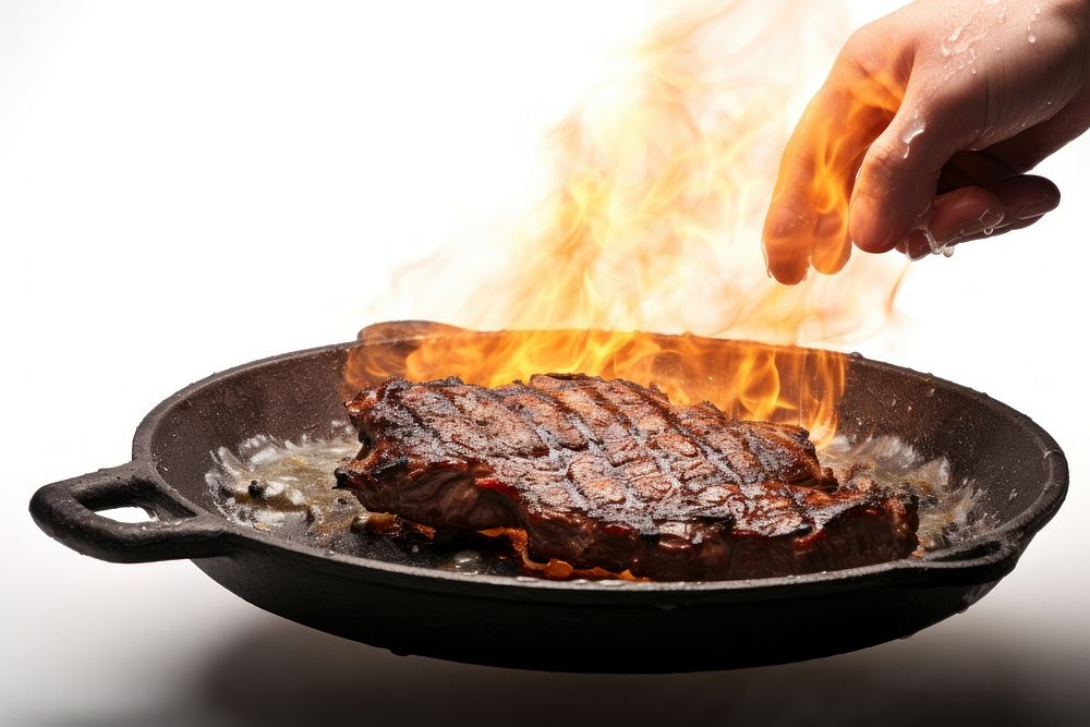 Steak on a pan grilling cooking meat. 