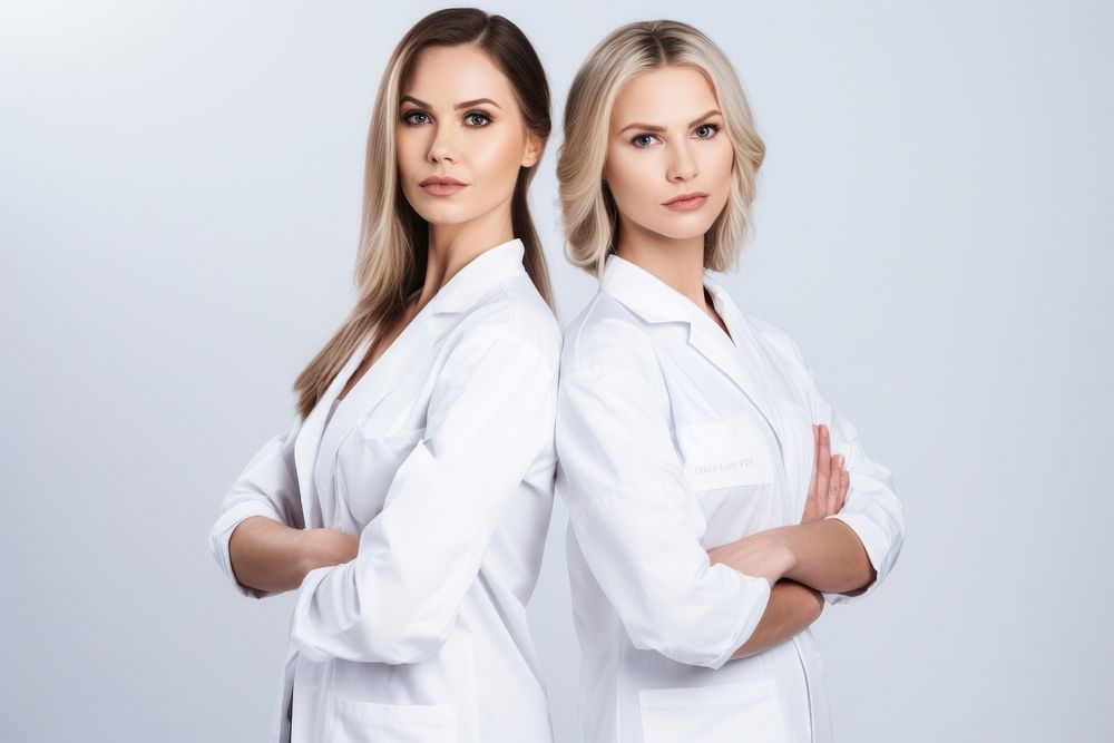 White women wearing white medical scrubs suits portrait sleeve adult.