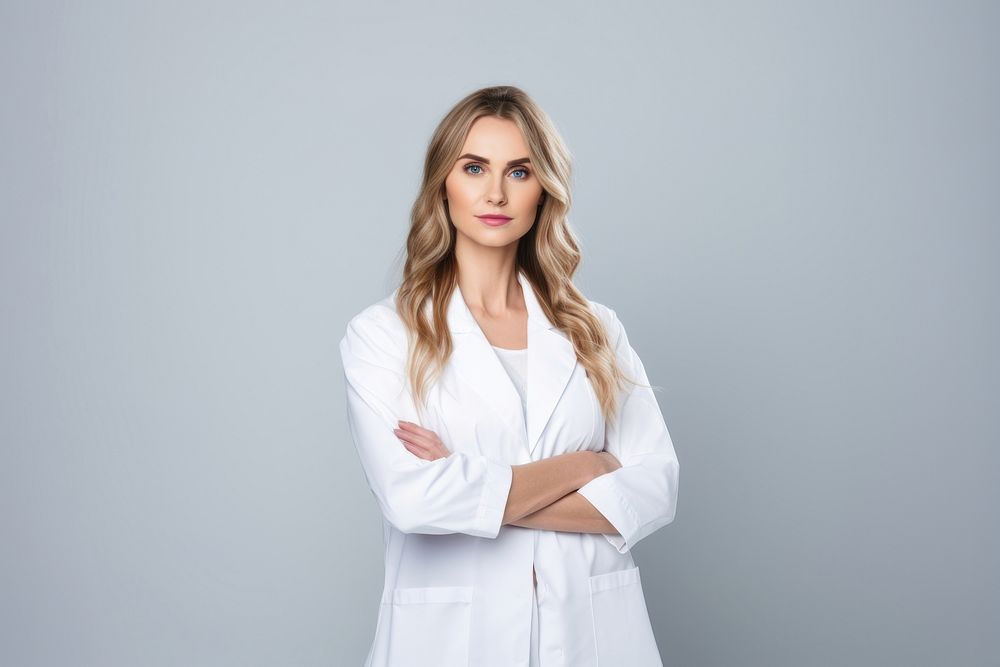 White women wearing white medical scrubs suits portrait photo white background.